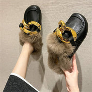 Metal Chain Lazy Slippers with Faux Fur