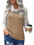 Women's spliced long sleeve pile neck top striped sleeve printed T-shirt