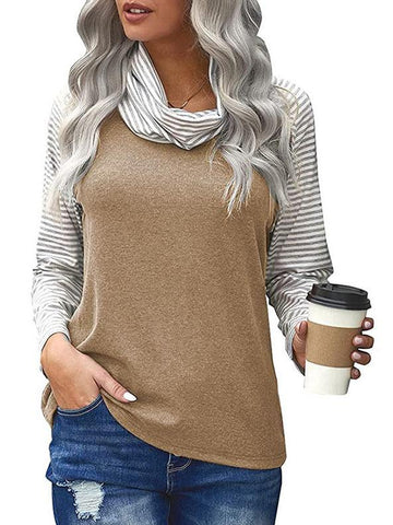 Women's spliced long sleeve pile neck top striped sleeve printed T-shirt