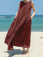 Cotton Linen Casual Pocket Solid Color Sleeveless Long Hem Dress