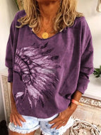 Fall Tribal Feather Print Long Sleeve Crew Neck T-Shirt Top