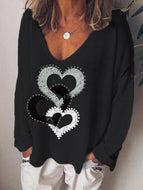 Love Print V-neck Long Sleeve Casual T-shirt