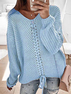 Women's Casual Fashion Loose V-neck Drawstring Sweater