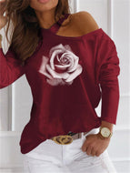 Roses Hanging Neck Long Sleeve Sexy Strapless T-shirt