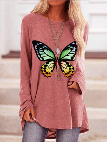 Long Sleeve Colorblock Butterfly Print T-shirt