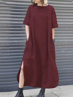 Irregular Long Dress with Round Neckline In Cotton and Linen