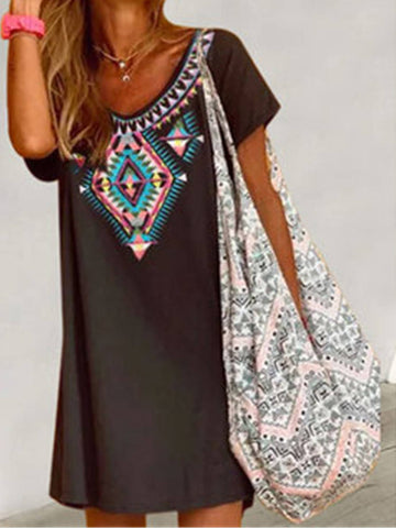 Western Style Vintage Famous Print Crew Neck Short Sleeve Loose Oversized Dress