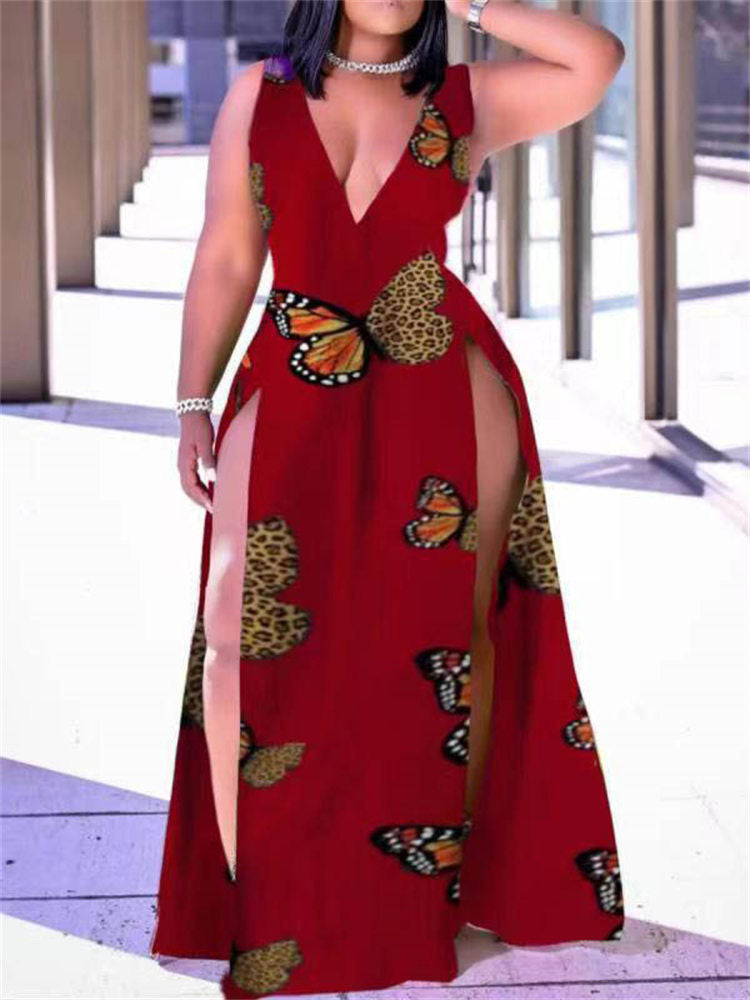 Women's Printed Plus Size Vest Slit Dress Butterfly Pattern Sleeveless Party Dresses