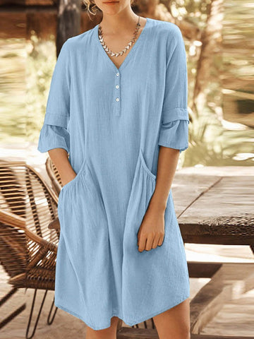 Patchwork 5 / 4 Sleeve Button Down V-neck Big Pocket Dress