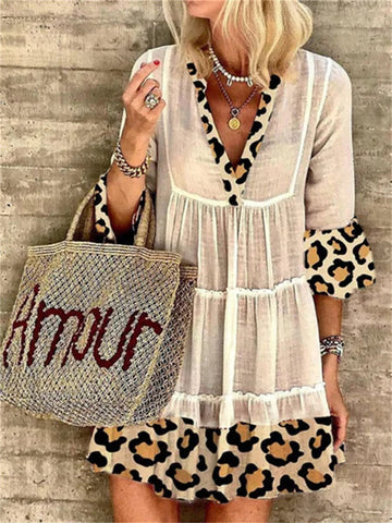 New Women's Hot Selling Fashion Leopard Print Stitching Cotton and Linen Dress