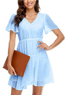 Vintage Polka Dot A-line Dress V-Neck Frill Sleeves Waist Casual Loose Pleated Dress