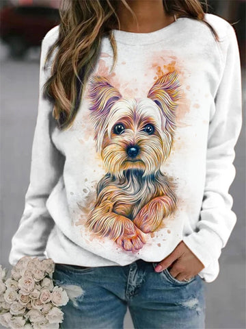 Dog Print Long Sleeve Round Neck White Sweatshirt