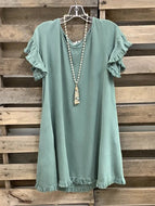 Round Neck Short Sleeve Solid Color Casual Tassel Hem Dress