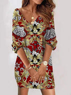 Spring New Women's Fashion Casual Loose V-Neck Print Sleeve Short Long Sleeve Dress