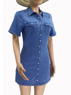 Summer Women New Lapel Short-sleeved Elastic Waist Slimming Denim Dress