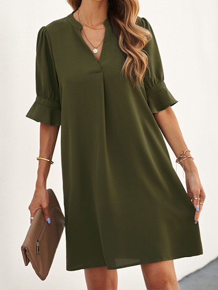 Summer New Chiffon Dress Amazon Loose Middle Sleeve Solid Color V Neck and Knee Skirt