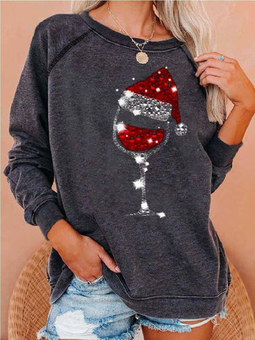 Wine Glass Christmas Hat Printed Hoodie