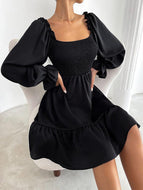 Square Neck Long Sleeve Ruffled High Waist Dress