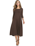 Women Comfortable Loose Round Neck Mid Sleeve Solid Color Swing Midi Dresses