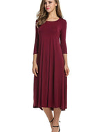 Women Comfortable Loose Round Neck Mid Sleeve Solid Color Swing Midi Dresses