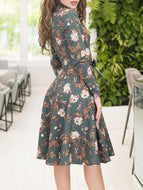 Printed Lapel Long Sleeve Dress