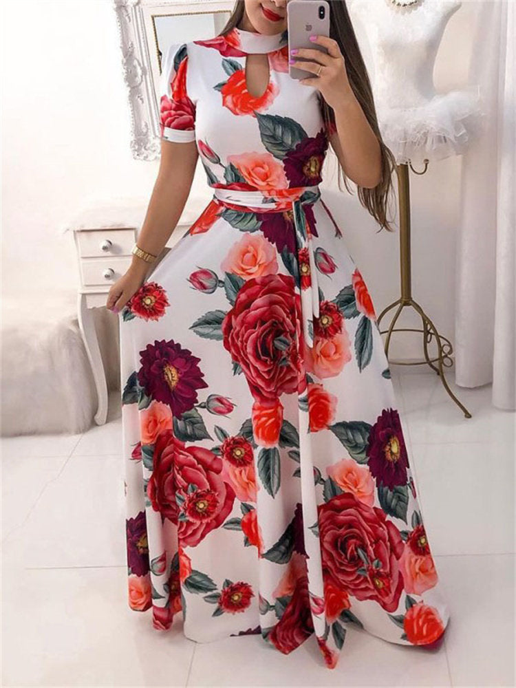 Fashion Digital Printing Floral Fashion Style Large Swing Dress Women Loose Maxi Dresses