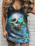 Skull print sleeveless V-neck mid-length T-shirt top