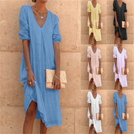 Cotton and Linen Women's Solid Color Fashion New Mid-length Sleeve Casual Mid-length Dress