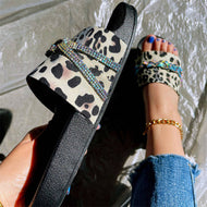 Leopard Print Sandals Flat Bottom Large Size European and American Wear Bright Diamond Slippers