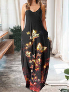 Women Fashion Butterfly V-Neck Sleeveless Sling Maxi Dress Loose Big Swing Long Robes