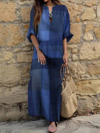 Patchwork Contrast Checkered V-Neck Loose Oversized Long Cotton Linen Dress