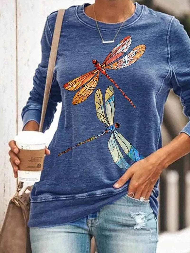 Autumn Dragonfly Print Round Neck Leisure Long Sleeve Sweatshirt