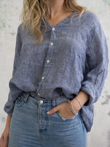 Blue Casual Cotton And Linen Button Top