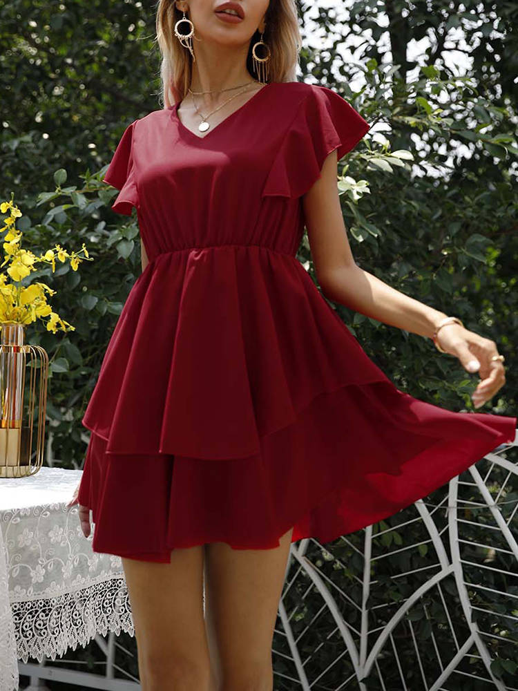 Summer New Fashion V-neck Petal Sleeve Solid Color Waist Cake Dress