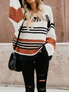 Autumn/Winter New Striped Stitching Loose Round Neck Sweater