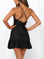 Summer New Sexy Suspenders Open Back Ruffle Dress