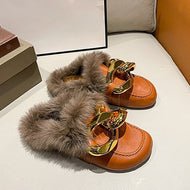 Metal Chain Lazy Slippers with Faux Fur