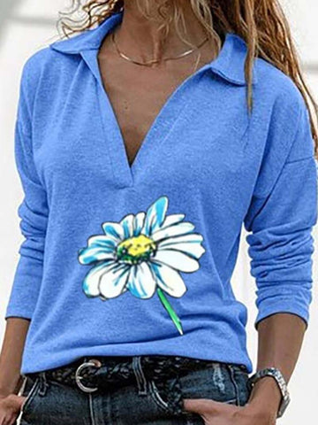 Flower Printed V-neck Lapel Tops Shirt