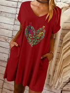 Women's Heart Print Pocket Loose V-Neck Dress