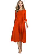 Women Comfortable Loose Round Neck Mid Sleeve Solid Color Swing Midi Dresses