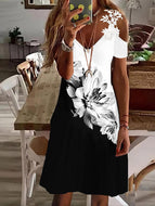 Ladies Printed Off Shoulder Lace Short Sleeve Midi Dress Casual V Neck Dresses