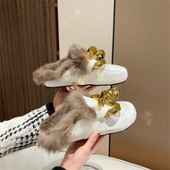 Metal Chain Lazy Slippers with Faux Fur