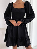 Square Neck Long Sleeve Ruffled High Waist Dress