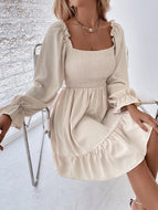 Square Neck Long Sleeve Ruffled High Waist Dress