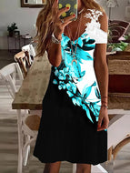 Ladies Printed Off Shoulder Lace Short Sleeve Midi Dress Casual V Neck Dresses