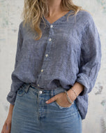 Blue Casual Cotton And Linen Button Top