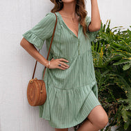 New Loose Casual Dress Half Sleeve Mid Length V Neck Dress