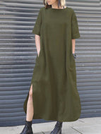 Irregular Long Dress with Round Neckline In Cotton and Linen