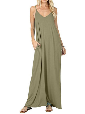 Woman Summer V Neck Leisure Solid Color Loose Pocket Tank Maxi Dresses