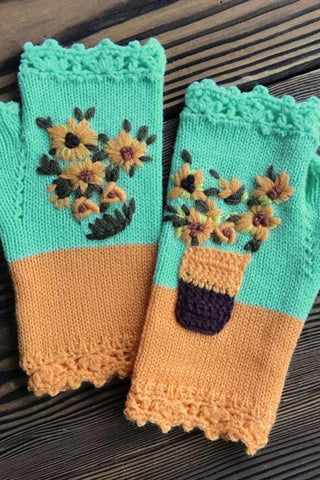 Women Color Block Knitted Fingerless Gloves Daisy Floral Embroidery Arm Warmers